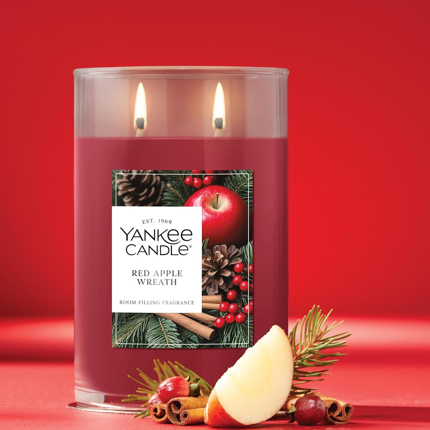 image:imageYankee Candle Large Tumbler Scented Candle with up to 80 Hour Burn Time Premium Plant Wax Blend for Consistent Burn 20 oz Tumbler Candle with Room Filling Fragrance Christmas EveRed Apple Wreath