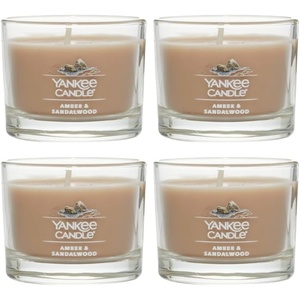 Yankee Candle Signature Votive Mini Candle Jar, Spiced Pumpkin Scent, Natural Soy Wax Blend Candle with Natural Fiber Wick, 1.3 OZ Glass Jar (Pack of 12)(Amber & Sandalwood)